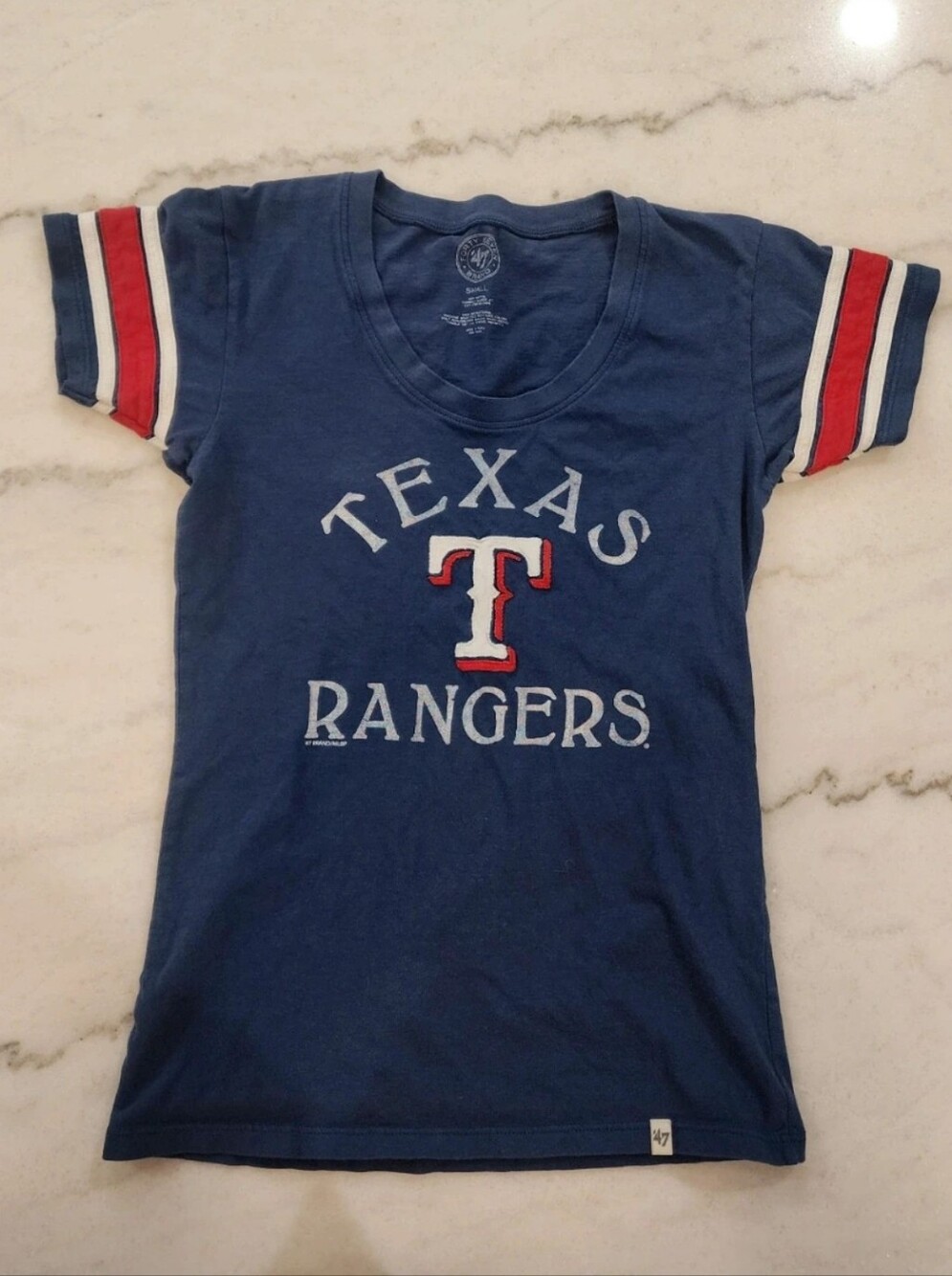 47 Brand Texas Rangers Navy Tee with Cream and Red Logo
